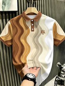 Manfinity Hypemode Men's Abstract Wave Print Colorblock Polo Shirt, Short Sleeve Button Placket Top For Casual Daily Wear, Office, Vacation And Weekend Outings - Multicolor - View 1