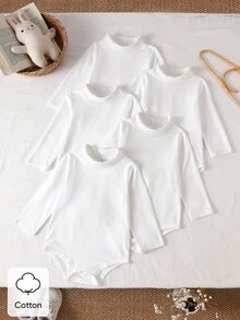 SHEIN Vintaside Kids 嬰兒幼兒秋冬高領內搭套裝，寶寶內著外穿白色內層上衣，5件套上衣組，棉混紡親膚柔軟 - 白色 - 查看 7