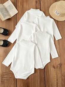 SHEIN Vintaside Kids 嬰兒幼兒秋冬高領內搭套裝，寶寶內著外穿白色內層上衣，5件套上衣組，棉混紡親膚柔軟 - 白色 - 查看 2