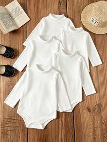 SHEIN Vintaside Kids 嬰兒幼兒秋冬高領內搭套裝，寶寶內著外穿白色內層上衣，5件套上衣組，棉混紡親膚柔軟 - 白色 - 查看 8