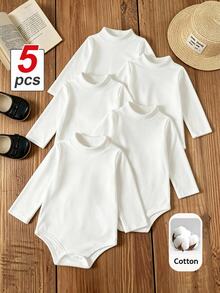 SHEIN Vintaside Kids 嬰兒幼兒秋冬高領內搭套裝，寶寶內著外穿白色內層上衣，5件套上衣組，棉混紡親膚柔軟 - 白色 - 查看 1