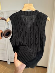 SHEIN Tween Girl Black V-Neck Vest Embroidered Knit Sweater Teachers' Day School Farewell Autumn Casual Vintage Elegant School - Black - View 2