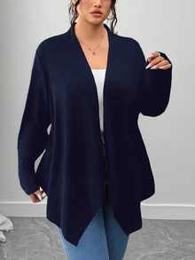 SHEIN PETITE CURVE Plus Size Women's Solid Color Casual Versatile Daily Outing Cardigan Fall - Navy Blue - View 4
