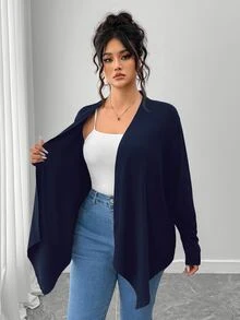 SHEIN PETITE CURVE Plus Size Women's Solid Color Casual Versatile Daily Outing Cardigan Fall - Navy Blue - View 7
