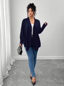 SHEIN PETITE CURVE Plus Size Women's Solid Color Casual Versatile Daily Outing Cardigan Fall - Navy Blue - View 5
