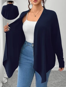 SHEIN PETITE CURVE Plus Size Women's Solid Color Casual Versatile Daily Outing Cardigan Fall - Navy Blue - View 1