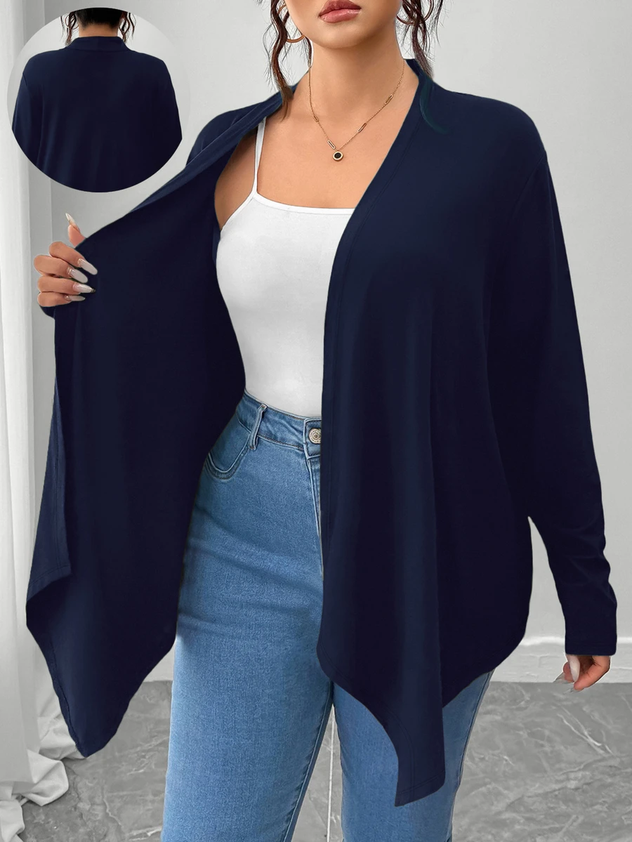 SHEIN PETITE CURVE Plus Size Women's Solid Color Casual Versatile Daily Outing Cardigan Fall - Navy Blue - View 1