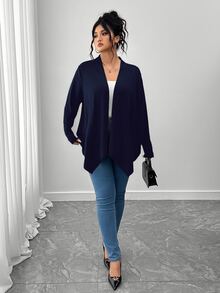 SHEIN PETITE CURVE Plus Size Women's Solid Color Casual Versatile Daily Outing Cardigan Fall - Navy Blue - View 6