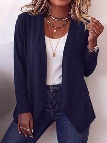 SHEIN PETITE CURVE Plus Size Women's Solid Color Casual Versatile Daily Outing Cardigan Fall - Navy Blue - View 8