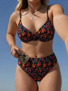SHEIN Swim 大尺碼 2 件組碎花抓皺鋼圈比基尼套裝，夏季海灘派對度假泳裝，女款黑色熱帶海盜風 - 黑色 - 查看 6