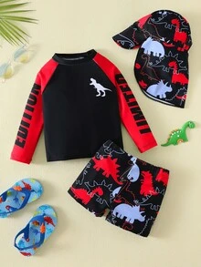 SHEIN Bubblio 3pcs/Set Baby Boy Colorblock Neon Dinosaur Print Swimsuit Set With Rash Guard And Sun Hat, Suitable For Vacation, Beach, Swimming - Red - View 3