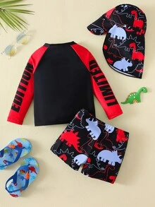 SHEIN Bubblio 3pcs/Set Baby Boy Colorblock Neon Dinosaur Print Swimsuit Set With Rash Guard And Sun Hat, Suitable For Vacation, Beach, Swimming - Red - View 2