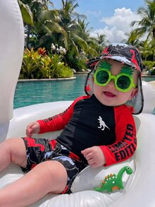 SHEIN Bubblio 3pcs/Set Baby Boy Colorblock Neon Dinosaur Print Swimsuit Set With Rash Guard And Sun Hat, Suitable For Vacation, Beach, Swimming - Red - View 1