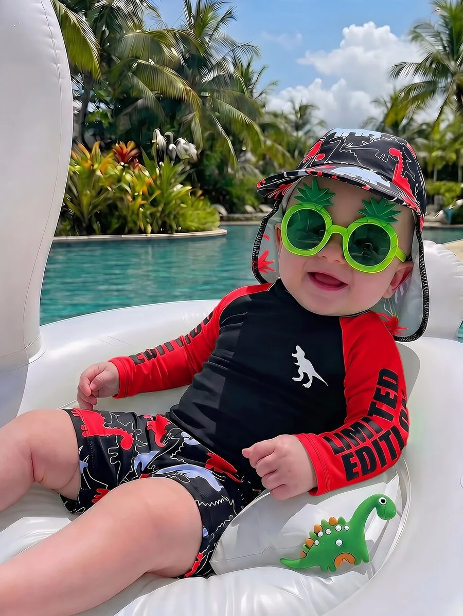 SHEIN Bubblio 3pcs/Set Baby Boy Colorblock Neon Dinosaur Print Swimsuit Set With Rash Guard And Sun Hat, Suitable For Vacation, Beach, Swimming - Red - View 1