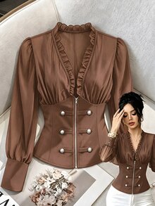 Franclia Women's Solid Color Frill Trim V-Neck Zipper Front Long Sleeve Elegant Blouse - Coffee Brown - View 6