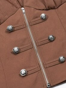 Franclia Women's Solid Color Frill Trim V-Neck Zipper Front Long Sleeve Elegant Blouse - Coffee Brown - View 5