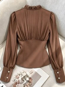 Franclia Women's Solid Color Frill Trim V-Neck Zipper Front Long Sleeve Elegant Blouse - Coffee Brown - View 2