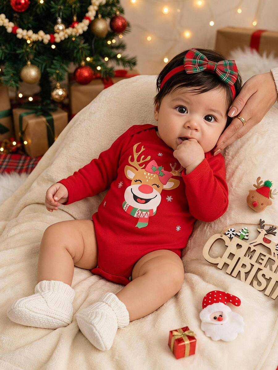 SHEIN Infant Baby Boy Girl Unisex Cute Christmas Pattern Reindeer Design Red Color Autumn Winter Romper - Orange - View 1