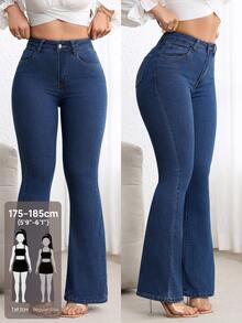 Flexra Tall Celana Jeans Denim Flare Wanita Seksi Kasual Elastis untuk Perjalanan, Kencan, dan Serbaguna - Dark Wash - View 1
