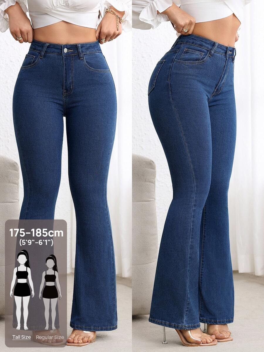 Flexra Tall Celana Jeans Denim Flare Wanita Seksi Kasual Elastis untuk Perjalanan, Kencan, dan Serbaguna - Dark Wash - View 1