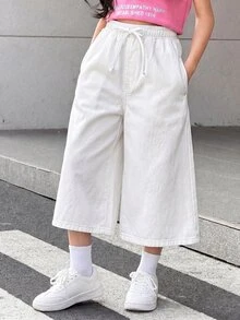 SHEIN 青少年女孩休閒百搭童裝素色寬腿牛仔褲 - 白色 - 查看 4