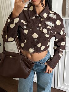 Rivivi Jaket Denim Kasual Polkadot Bergaya untuk Wanita - MultiWarna - View 7