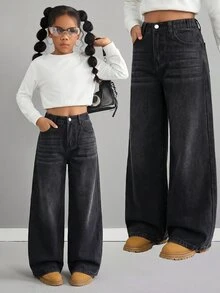 SHEIN 女童黑色丹寧刷毛內裡寬鬆長褲，秋冬款 - 黑色 - 查看 4