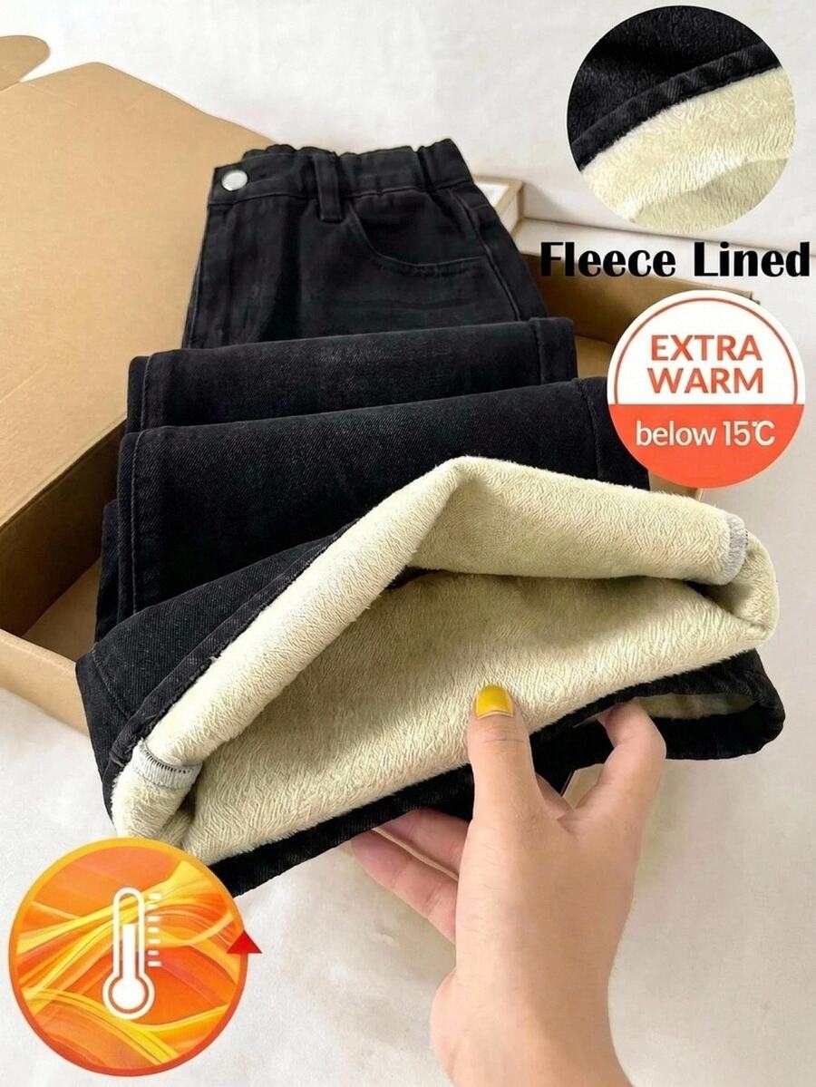 SHEIN 女童黑色丹寧刷毛內裡寬鬆長褲,秋冬款 - 黑色 - 查看 1