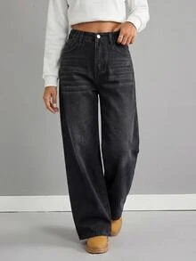SHEIN 女童黑色丹寧刷毛內裡寬鬆長褲，秋冬款 - 黑色 - 查看 3