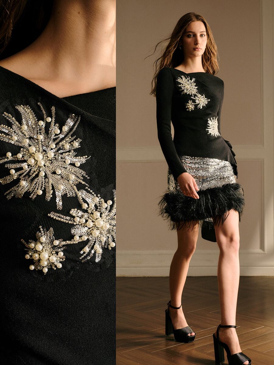 MOTF PREMIUM WOMEN'S SEQUIN FLORAL ASYMMETRIC HEM SWEATER - Black - View 1
