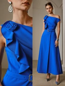 ZEYLAH Asymmetrical Asymmetric Neck Ruffle Neckline Dress - Royal Blue - View 8