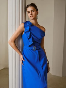 ZEYLAH Asymmetrical Asymmetric Neck Ruffle Neckline Dress - Royal Blue - View 6