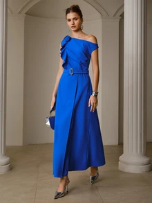 ZEYLAH Asymmetrical Asymmetric Neck Ruffle Neckline Dress - Royal Blue - View 3