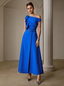 ZEYLAH Asymmetrical Asymmetric Neck Ruffle Neckline Dress - Royal Blue - View 1