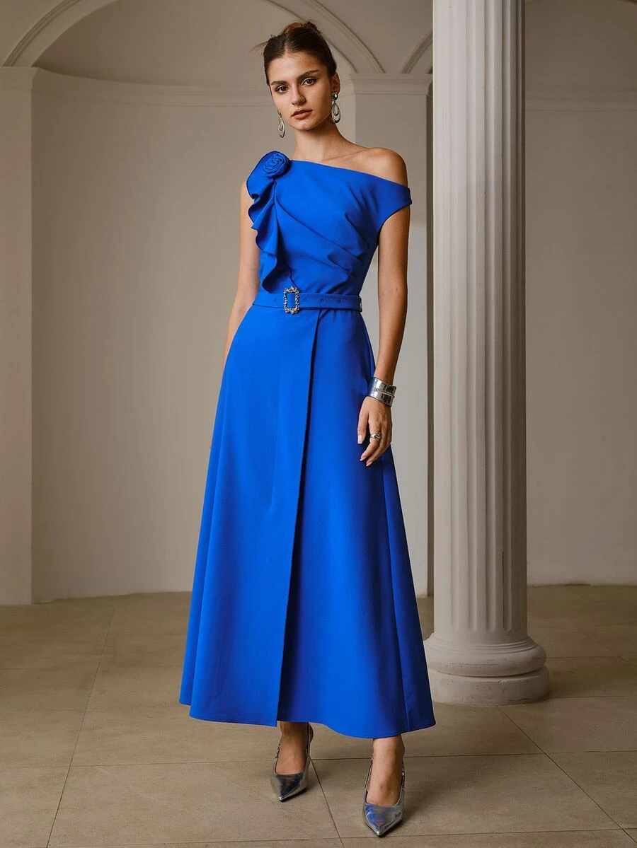 ZEYLAH Asymmetrical Asymmetric Neck Ruffle Neckline Dress - Royal Blue - View 1