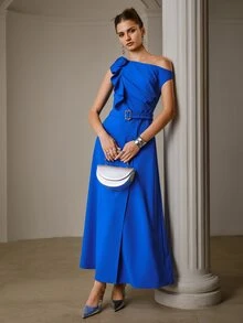 ZEYLAH Asymmetrical Asymmetric Neck Ruffle Neckline Dress - Royal Blue - View 5