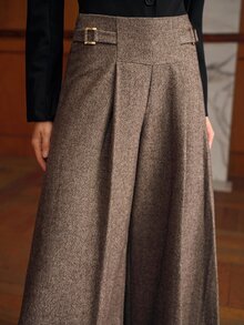 MOTF PREMIUM WOMEN'S FOLD PLEATED WIDE LEG SUIT PANTS WITH BUCKLE DETAIL OFFICE BUSINESS COFFEE BROWN AUTUMN ELEGANT CASUAL - Coffee Brown - View 1