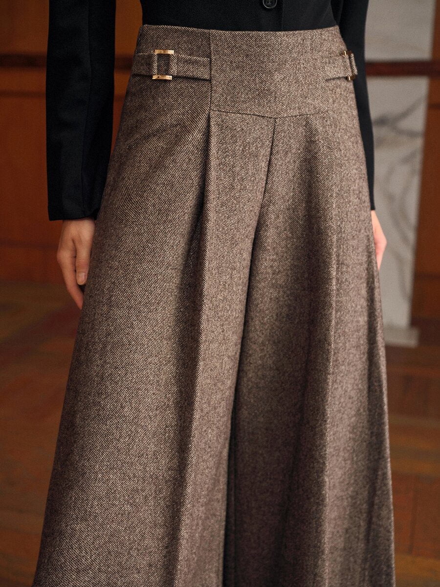 MOTF PREMIUM WOMEN'S FOLD PLEATED WIDE LEG SUIT PANTS WITH BUCKLE DETAIL OFFICE BUSINESS COFFEE BROWN AUTUMN ELEGANT CASUAL - Coffee Brown - View 1
