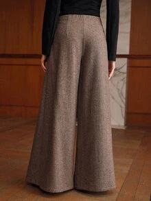 MOTF PREMIUM WOMEN'S FOLD PLEATED WIDE LEG SUIT PANTS WITH BUCKLE DETAIL OFFICE BUSINESS COFFEE BROWN AUTUMN ELEGANT CASUAL - Coffee Brown - View 3