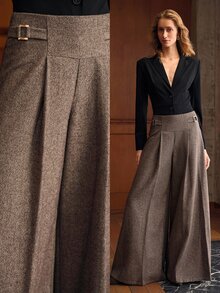 MOTF PREMIUM WOMEN'S FOLD PLEATED WIDE LEG SUIT PANTS WITH BUCKLE DETAIL OFFICE BUSINESS COFFEE BROWN AUTUMN ELEGANT CASUAL - Coffee Brown - View 7