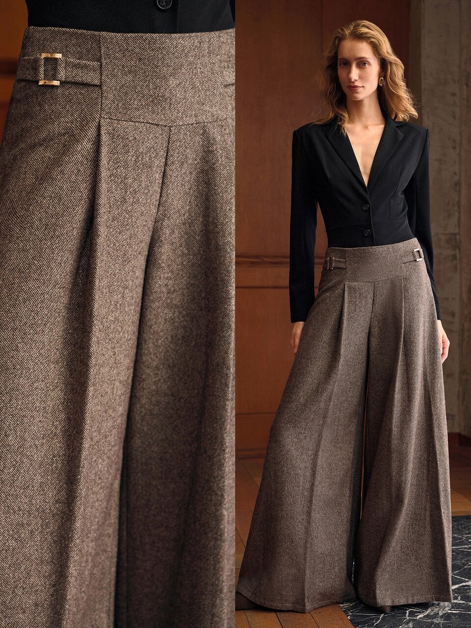 MOTF WOMEN'S FOLD PLEATED WIDE LEG SUIT PANTS WITH BUCKLE DETAIL OFFICE BUSINESS COFFEE BROWN AUTUMN ELEGANT CASUAL
