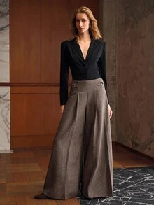 MOTF PREMIUM WOMEN'S FOLD PLEATED WIDE LEG SUIT PANTS WITH BUCKLE DETAIL OFFICE BUSINESS COFFEE BROWN AUTUMN ELEGANT CASUAL - Coffee Brown - View 5