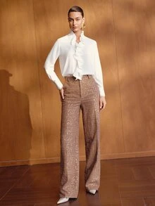 MOTF WOMEN'S HIGH WAIST SLIMMING PREMIUM FASHION VERSATILE PLAID THICKENED RETRO MINIMALIST LONG SUIT PANTS - Khaki - View 3