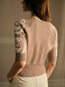 MOTF PREMIUM WOMEN'S ROSE PATTERN RAGLAN SLEEVE KNIT TOP - Camel - View 4