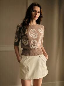 MOTF PREMIUM WOMEN'S ROSE PATTERN RAGLAN SLEEVE KNIT TOP - Camel - View 5