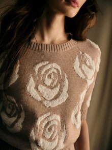 MOTF PREMIUM WOMEN'S ROSE PATTERN RAGLAN SLEEVE KNIT TOP - Camel - View 3