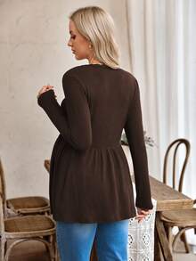 SHEIN Atasan Hamil Rajut Lengan Panjang Potongan Longgar Kasual dengan Renda Kerah U Pas Badan untuk Acara Formal Pulang ke Rumah Warna Cokelat Musim Semi - Coffee Brown - View 3