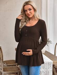 SHEIN Atasan Hamil Rajut Lengan Panjang Potongan Longgar Kasual dengan Renda Kerah U Pas Badan untuk Acara Formal Pulang ke Rumah Warna Cokelat Musim Semi - Coffee Brown - View 5