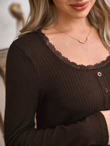 SHEIN Atasan Hamil Rajut Lengan Panjang Potongan Longgar Kasual dengan Renda Kerah U Pas Badan untuk Acara Formal Pulang ke Rumah Warna Cokelat Musim Semi - Coffee Brown - View 8