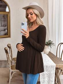 SHEIN Atasan Hamil Rajut Lengan Panjang Potongan Longgar Kasual dengan Renda Kerah U Pas Badan untuk Acara Formal Pulang ke Rumah Warna Cokelat Musim Semi - Coffee Brown - View 7